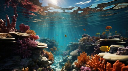 Underwater seascape, sunlight through water surface with coral reef on the ocean floor, natural...