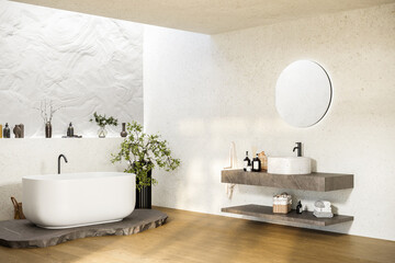 Modern bathroom interior with white bathtub and marble vanity.