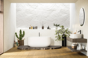 Modern bathroom interior with white bathtub and marble vanity.