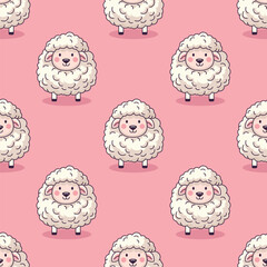 Vector Seamless Pattern with Funny Cute Sheep on Pink Background. Cartoon Sheep Seamless Texture, Textile, Wallpaper Design for Kids. Seamless Texture with Standing Sheep on Pink