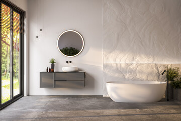 Fototapeta na wymiar Modern bathroom interior with white bathtub and chic vanity, white walls, parquet floor.