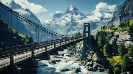 Suspension bridge on Mt. Titlis in wintertime. The Titlis is a mountain located on the border between the Swiss cantons of Obwalden and Bern, mainly accessed from the town of Engelberg - obrazy, fototapety, plakaty