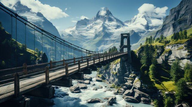 Suspension bridge on Mt. Titlis in wintertime. The Titlis is a mountain located on the border between the Swiss cantons of Obwalden and Bern, mainly accessed from the town of Engelberg