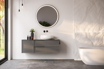 Naklejka na ściany i meble Modern bathroom interior with white bathtub and chic vanity, white walls, parquet floor.