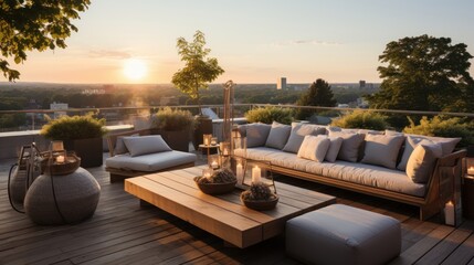 Showcase the sophistication of a minimalist rooftop terrace in the afternoon, photographed with a digital camera, - obrazy, fototapety, plakaty