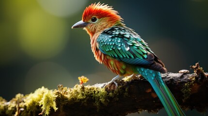 Obraz premium Resplendent Quetzal, Pharomachrus mocinno, Savegre in Costa Rica, with green forest in background. Magnificent sacred green and red bird. Birdwatching in jungle.