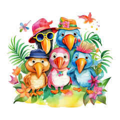 Fototapeta premium Watercolor exotic tropical birds family, summer, tourism, leaf illustration. Generative AI
