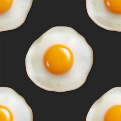 Vector Seamless Pattern with Realistic Fried Egg, Omelet on a Black Background. Healthy Breakfast, Protein Food, Diet Meal Concept. Design Template