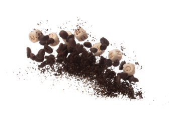 Rich aroma freshly roasted coffee beans fly in air as dance alongside alphabet letter blocks toy beads "MORNING", embodying essence of the coffee seed powder. White background isolated explosion