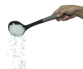 Salt rock flower pour fall in ladle, white Salt rock flower cook abstract cloud fly. Big size ground salt splash in air, food object element design. White background isolated high speed freeze motion