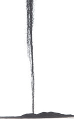 Small size black Sand flying explosion, carbon dust sands grain explode. Abstract cloud fly. Black colored sand splash throwing in Air. White background Isolated high speed shutter, throwing freeze