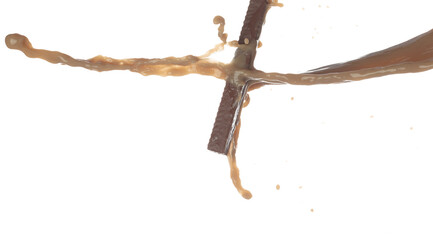Obraz premium Milk Chocolate pouring down in Shape form line. Chocolate cocoa snack stick attack fluttering explosion in air. White background isolated, stop motion freeze shot.