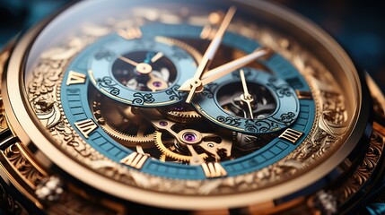 Mechanism, clockwork of a watch with jewels, close-up. Vintage luxury background. Time, work concept