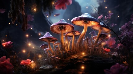 Magical fantasy mushrooms in enchanted fairy tale dreamy elf forest with fabulous fairytale blooming pink rose flower and butterfly on mysterious background,