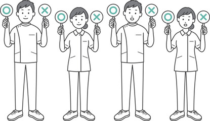 ⚪︎と×の札を上げる看護師男女