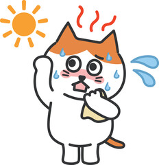 Cartoon tabby cat having a heat stroke, vector illustration.