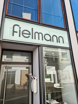 Kiel, Germany - 13. July 2023: Entrance area of a Fielmann optician's shop.