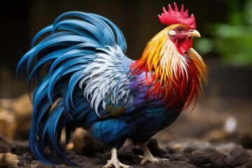 Fototapeta premium Happy animal in natural habitat. Visualize a high-resolution, photorealistic image of a hen. This happy hen is special, its feathers are painted with the colors of the rainbow.