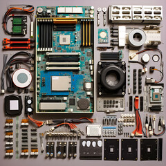 Fototapeta premium Tech Knolling: CPU Motherboard Arranged in Precision - generative ai