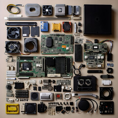 Fototapeta premium Tech Knolling: CPU Motherboard Arranged in Precision - generative ai