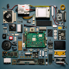 Fototapeta premium Tech Knolling: CPU Motherboard Arranged in Precision - generative ai
