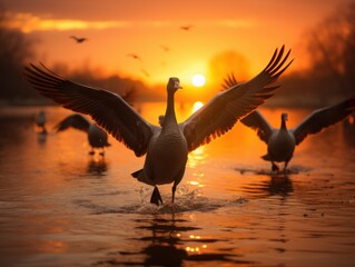 flock of migrating canada geese flying at sunset in a V formation