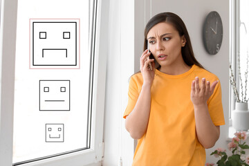 Dissatisfied woman giving negative feedback by phone at home. Illustrations of sad, neutral and...