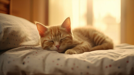 Fototapeta na wymiar A adorable cat sleeping on bed