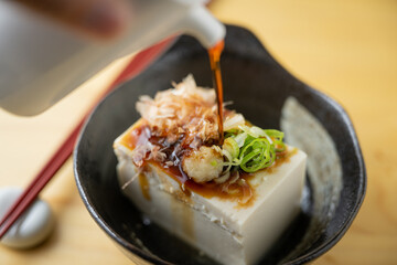 hiyayakko, japanse cold tofu with soy sauce