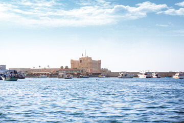 Fototapeta na wymiar Fishing boats, Qaitbay Port Castle, Alexandria 3-Jul-2023