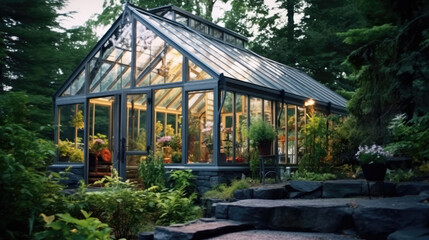 Beautiful glass house at the garden when morning