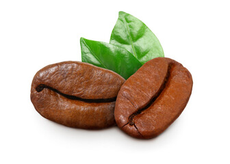 Fresh roasted coffee beans and leaves on white background