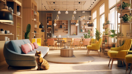 Modern cat cafe interior