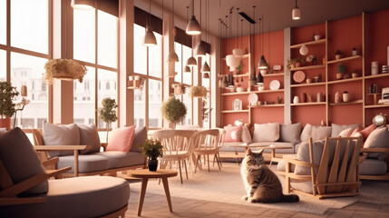 Modern cat cafe interior