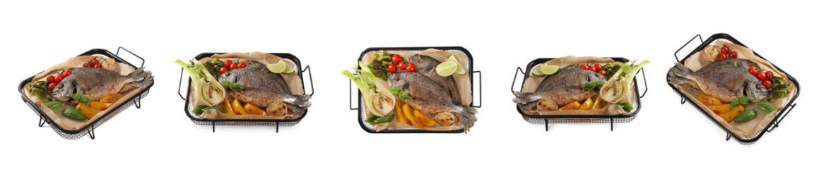 Delicious roasted dorado fish with vegetables and basil on white background, collage design