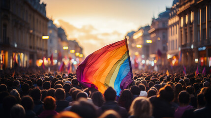 LGBTQ protesters holding Rainbow color Flag  - obrazy, fototapety, plakaty