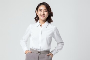Portrait of a happy young businesswoman standing with hands on hip