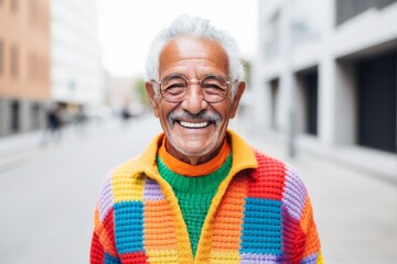 Portrait of senior man with eyeglasses smiling in the city