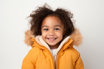 Obraz premium Portrait of a cute african-american little girl in a yellow jacket on a white background