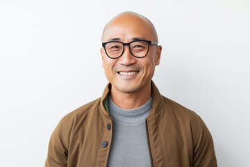 Portrait of happy mature Asian man in eyeglasses against white background