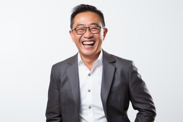 Portrait of a happy asian business man laughing on white background