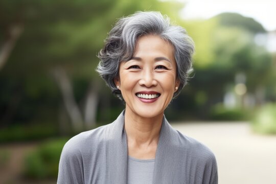 Portrait of smiling asian senior woman looking at camera in park