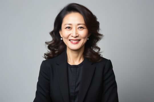 Medium shot portrait photography of a happy Chinese woman in her 50s wearing a sleek suit against a white background 