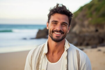 Medium shot portrait photography of a happy Brazilian man in his 30s wearing a chic cardigan against a beach background 