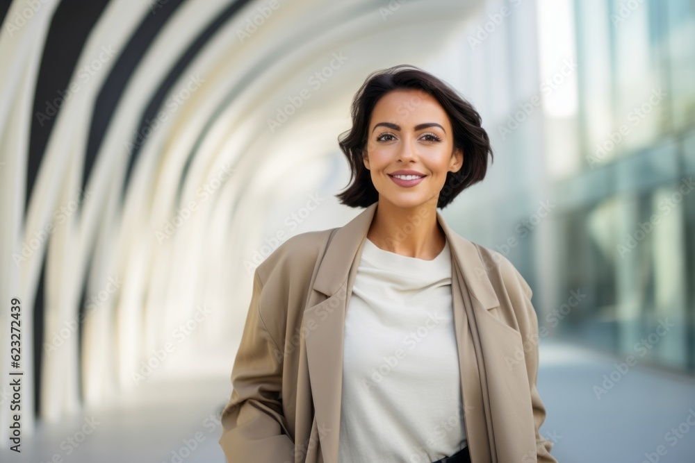 Wall mural portrait of smiling businesswoman in beige jacket at modern office