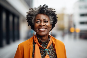 Close up portrait of beautiful african american woman with afro hairstyle, wearing orange coat and scarf on the street.