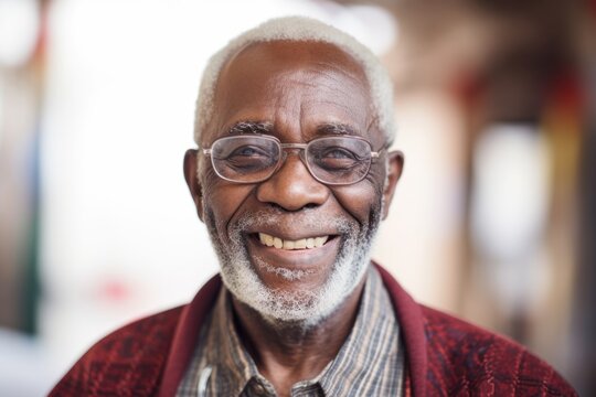 Medium shot portrait photography of a happy Nigerian man in his 80s wearing a chic cardigan against an abstract background 