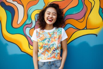 Portrait of a smiling young asian woman standing against colorful graffiti wall