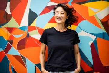 Portrait of happy mature Asian woman standing in front of graffiti wall