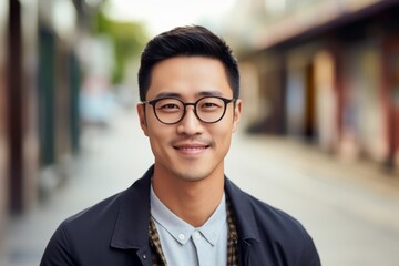 young asian man in eyeglasses looking at camera in city